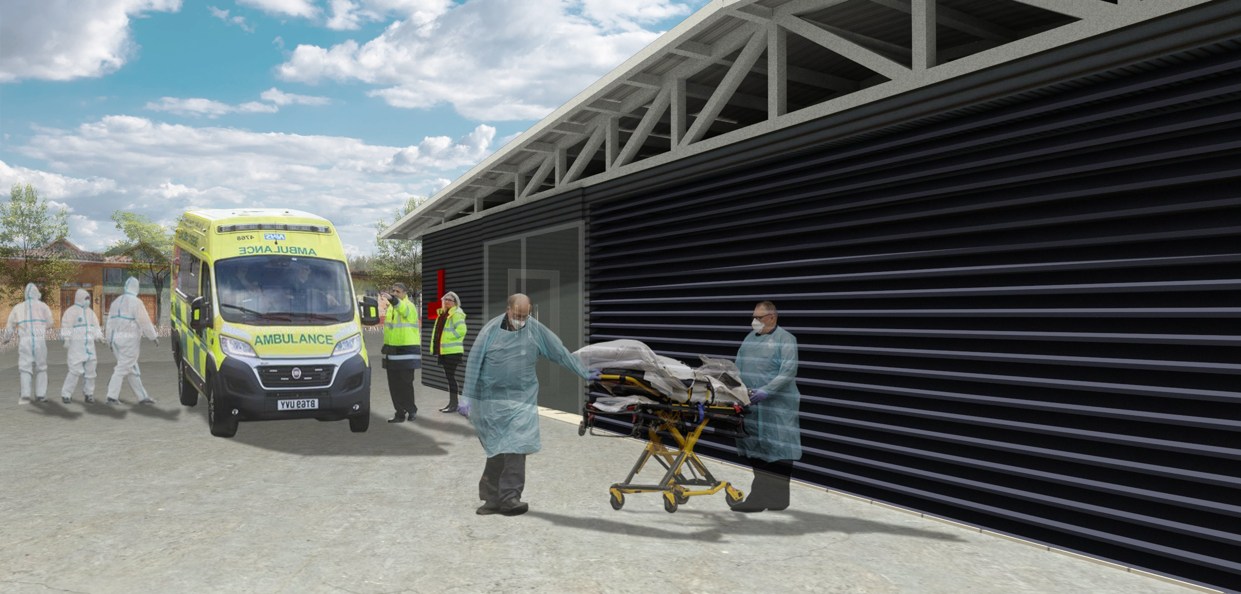 Simulación en 3D de una escena hospitalaria. Dos doctores sosteniendo una camilla. Al fondo una ambulancia con 2 paramédicos y 3 profesionales de la salud con trajes overoles blancos.