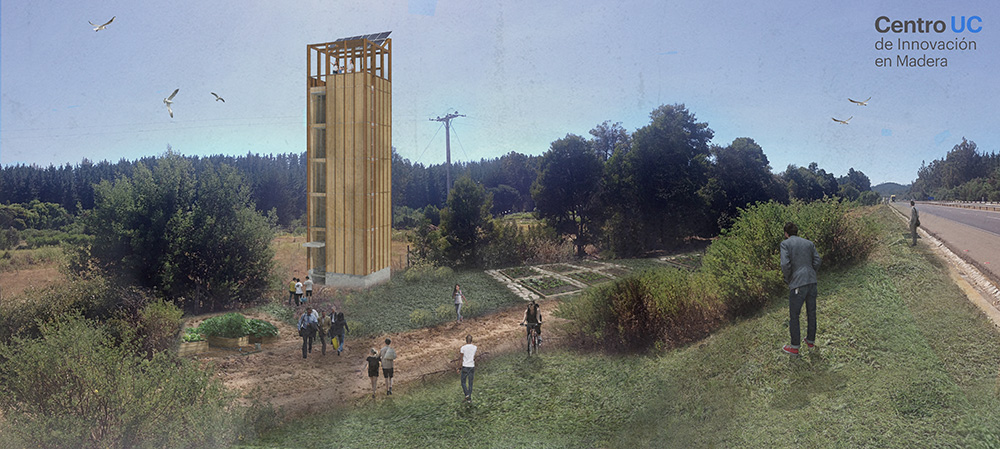 maqueta en 3D de la torre experimental peñuelas  con gente al rededor