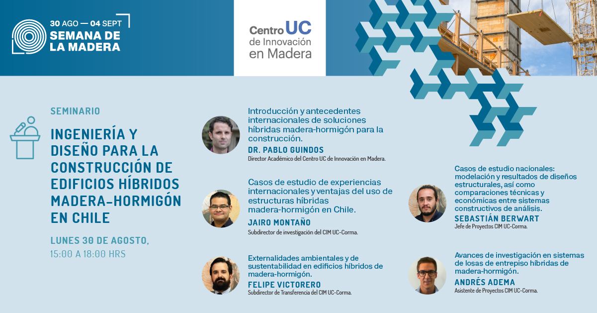 Afiche con los participantes del Seminario "Ingeniería y diseño para la construcción de edificios híbridos Madera – Hormigón en Chile"