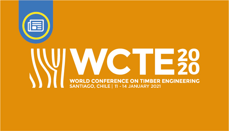 Afiche de la Conferencia Mundial de Ingeniería de la Madera, con las letras WCTE en fondo naranja 