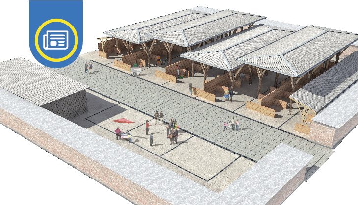 Maqueta en 3D de la  Vega Techada de Collipulli. Cuatro galpones grandes techados, en frente un paso peatonal y varias personas en el. 