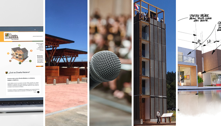 Collage de cinco imagenes: notebook con la plataforma Diseña Madera, estructura de madera con techo, un micrófono, un edificio vertical, y una maqueta en 3D con cálculos flotando