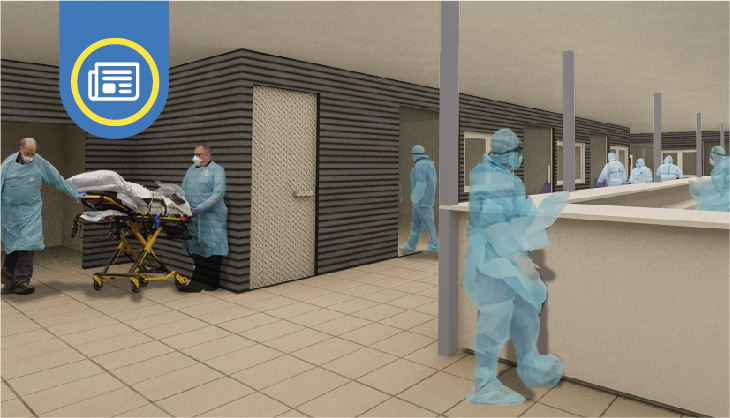 Simulación en 3D de escena hospitalaria. Médicos en trajes de protección y máscaras para cubrir la cara. 