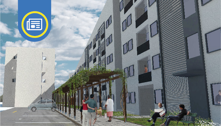Simulación del primer edificio de madera para viviendas sociales. Frente al edificio hay un paseo peatonal con personas caminando y bancas con personas sentadas